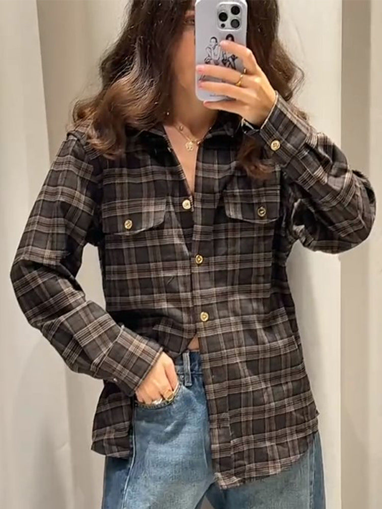 Damen Kariertes Overshirt mit Brusttaschen und goldenen Druckknöpfen Drune