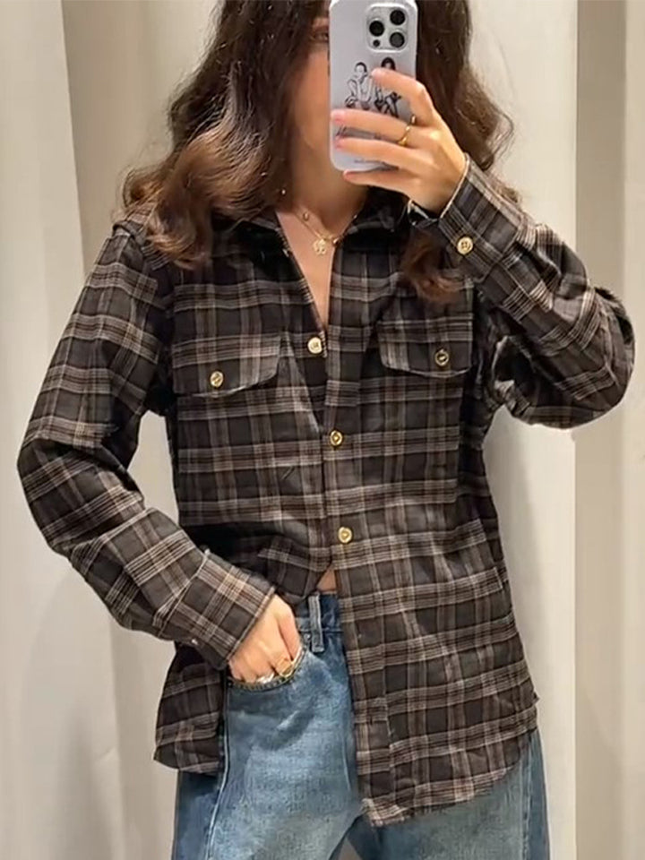 Damen Kariertes Overshirt mit Brusttaschen und goldenen Druckknöpfen Drune