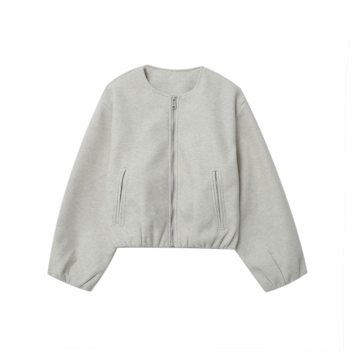 Damen nan kurz geschnittene Wolloptik-Cropped-Jacke mit Rundhalsausschnitt, durchgehendem Reißverschluss, elastischem Saum und dezenten Eingrifftaschen Drune