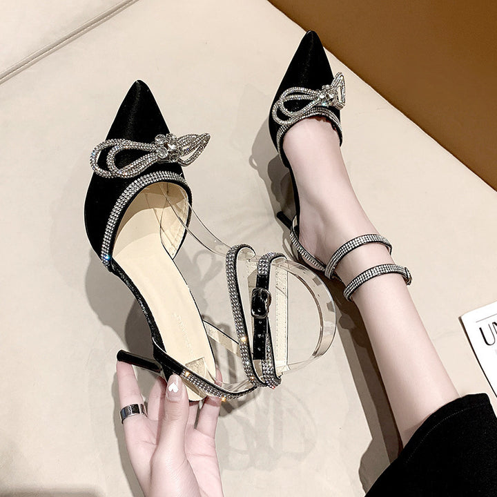 Damen nan spitze Riemchen-Pumps mit funkelnder Strass-Schleifenapplikation und verstellbarem Knöchelriemen Drune