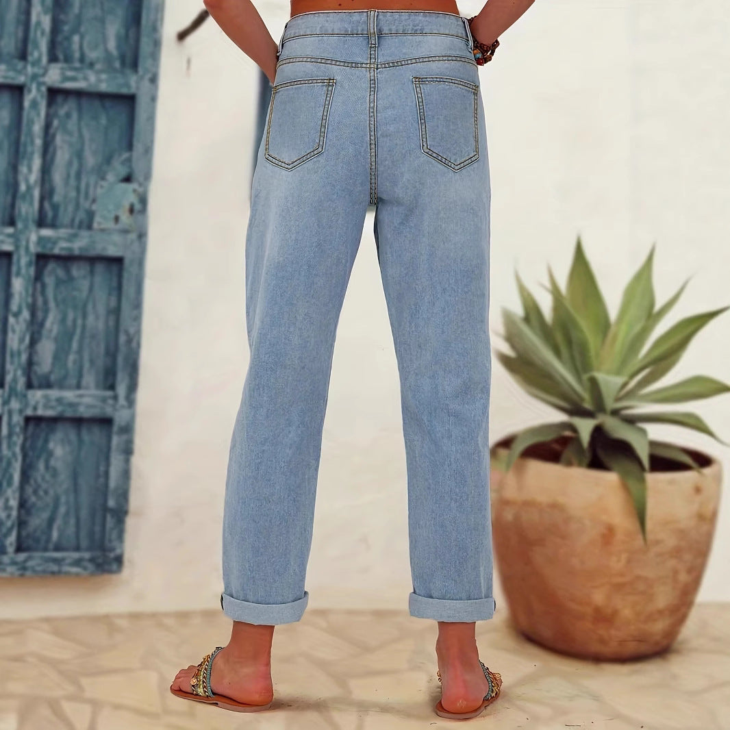 Damen Gerade geschnittene Jeans mit bunten Blumenapplikationen und leichten Destroy-Details Drune