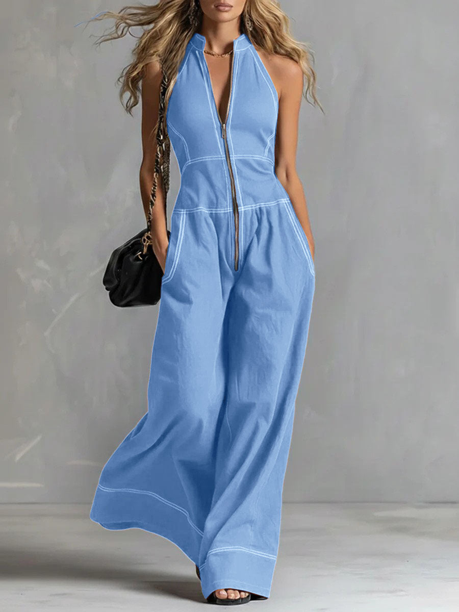 Damen Ärmelloser Halter-Jumpsuit mit Reißverschluss, weitem Bein und Eingrifftaschen Drune