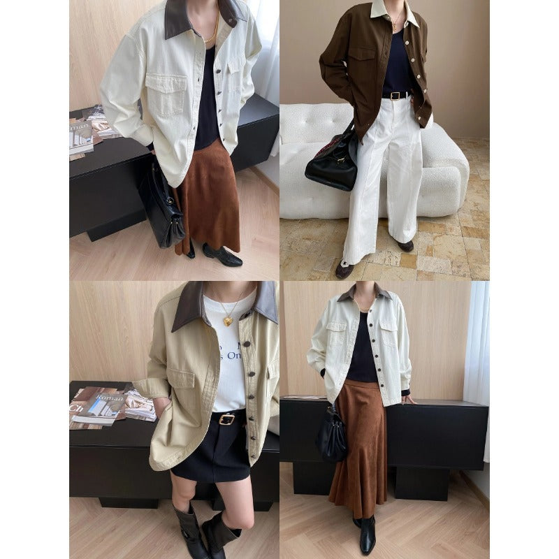 Damen lässige Utility-Hemdjacke mit kontrastierendem Kragen und praktischen Taschen Drune