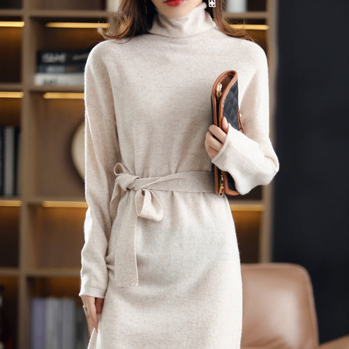 Damen kuscheliges Strickkleid mit schickem Rollkragen und taillierendem Gürtel Drune