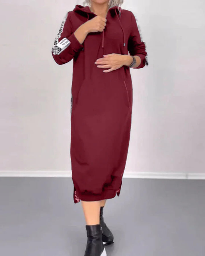 Damen nan knöchellanges Kapuzen-Sweatkleid mit Halbzip, Kängurutaschen und seitlicher Zierpaspel Drune