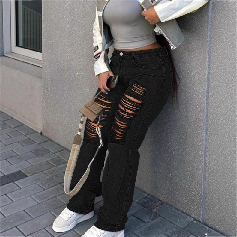 Damen hochgeschnittene weite Denim-Jeans mit ausgeprägten Ripped-Details und lässigem Schnitt Drune