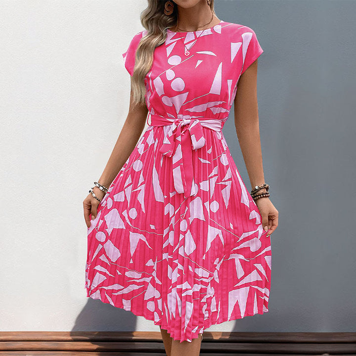 Damen plissiertes Maxikleid mit kunstvollem Muster und taillierbarem Bindegürtel Drune