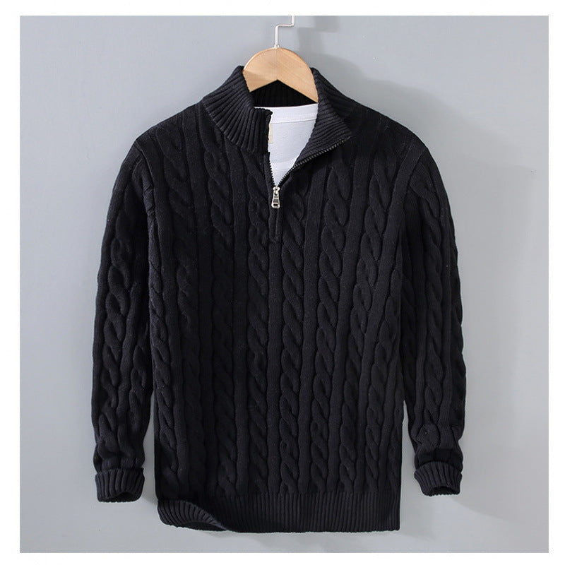 Herren Zopfmuster-Halbzip-Pullover aus weicher Baumwollmischung mit Stehkragen Drune