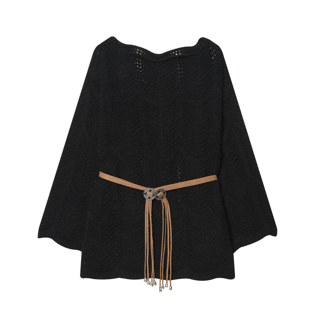 Damen nan gestricktes Poncho-Cape mit dekorativem Lederbandgürtel Drune