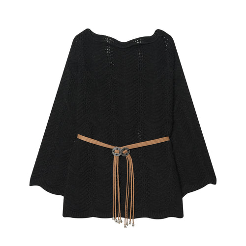 Damen nan gestricktes Poncho-Cape mit dekorativem Lederbandgürtel Drune