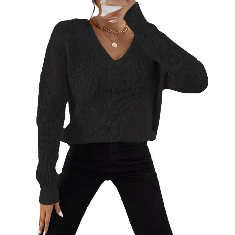 Damen V-Ausschnitt Strickpullover mit breiten Ärmeln und weichem Material Drune