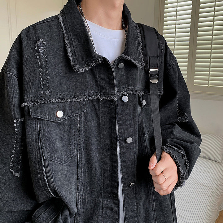 Herren Oversize Jeansjacke mit Used‑Look, ausgefransten Kanten und Druckknöpfen Drune