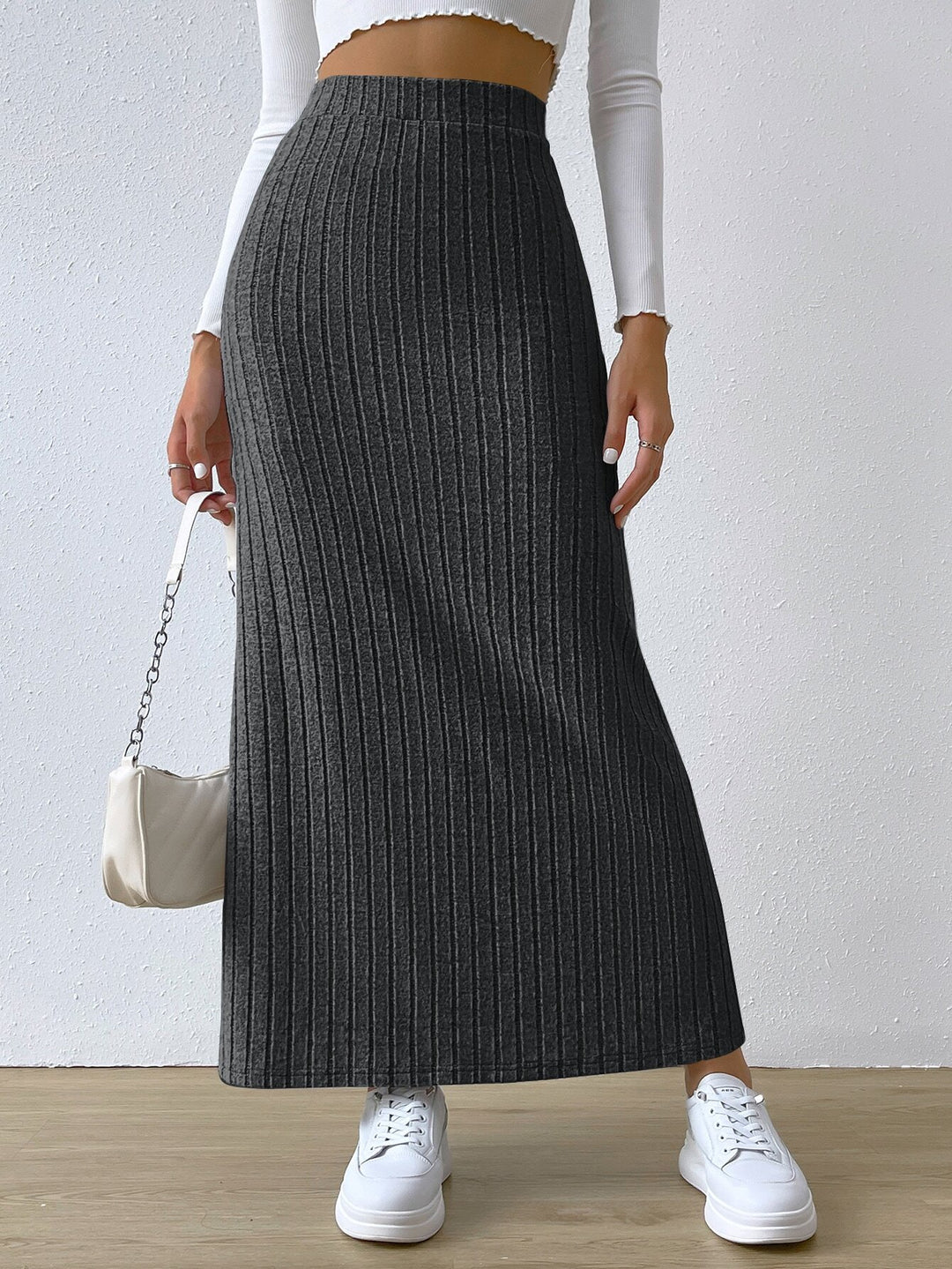 Damen gerippter Midirock mit hohem Bund und figurumspielender A-Linie Drune