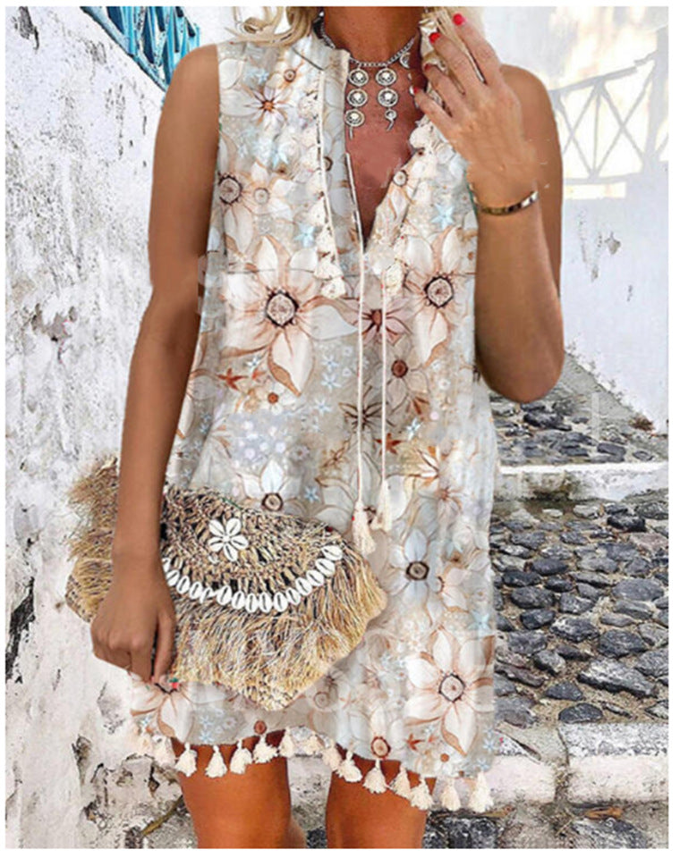 Drune | Bedrucktes Fransen Ärmelloses Sexy V-Ausschnitt Kleid