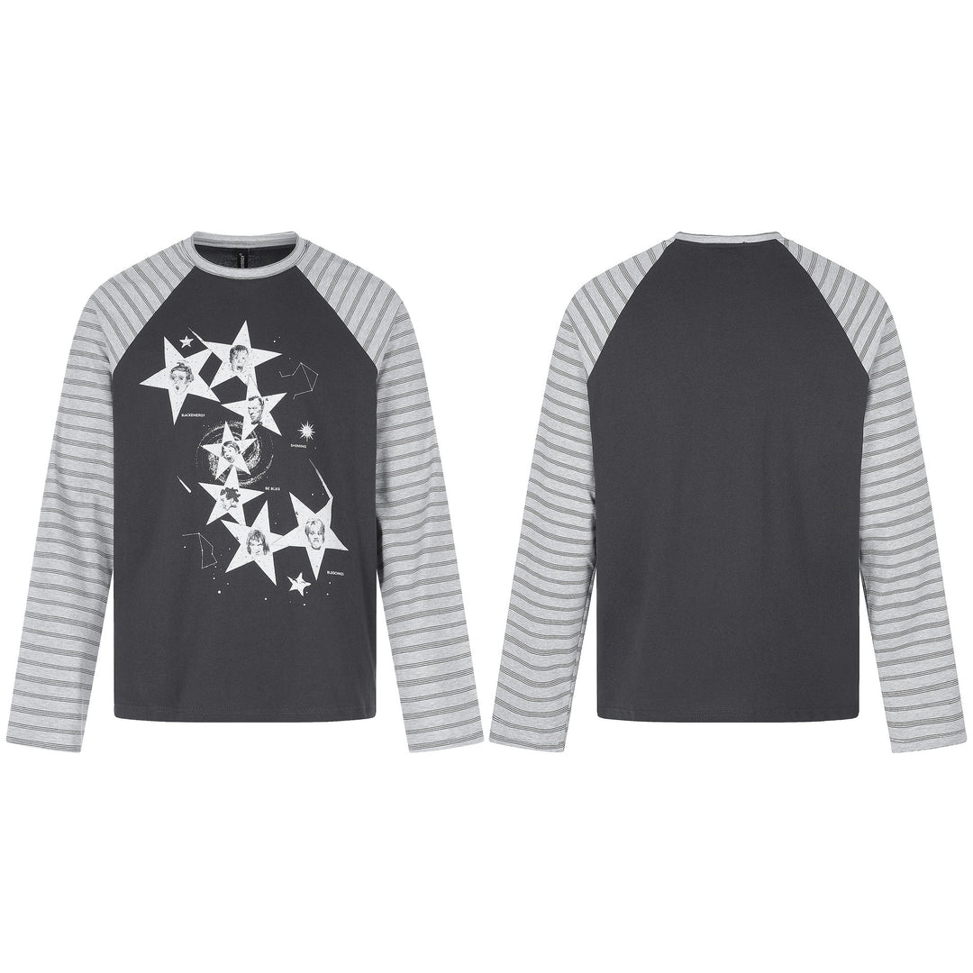 Herren Langarmshirt im Raglanstil mit großflächigem Stern-Print und gestreiften Ärmeln Drune