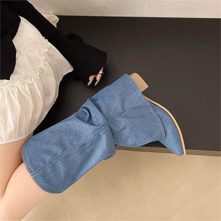 Damen Slouchy Cowboy‑Stiefel aus Denim mit spitzer Zehenform und niedrigem Blockabsatz Drune