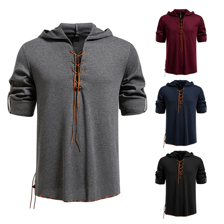 Herren Leichtes Kapuzen-Langarmshirt mit Schnürfront und aufrollbaren Dreiviertel-Ärmeln Drune
