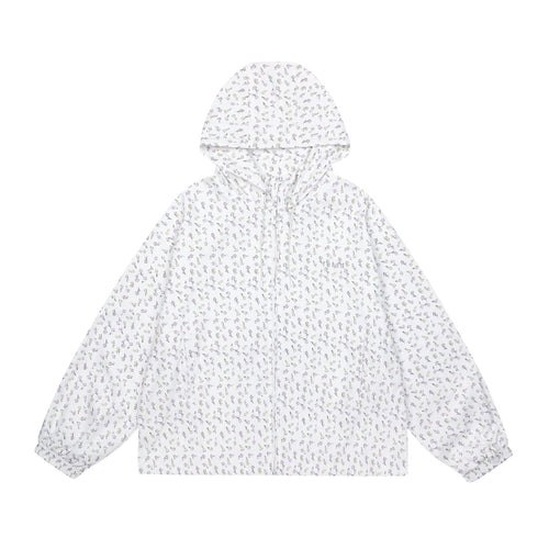 Damen leichte Kapuzenjacke mit floralem Allover‑Print und elastischen Bündchen Drune
