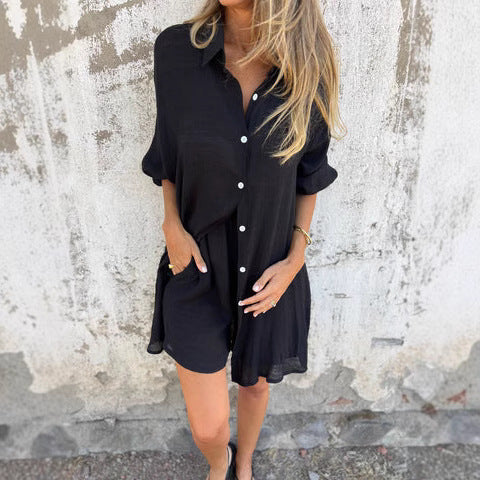 Damen legeres Baumwoll-Shorts-Set mit oversized Hemd und elastischem Bund Drune