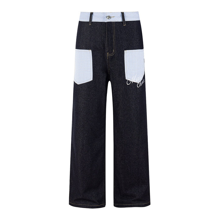 Damen Weite Denim-Hose im Culotte-Stil mit Karomuster-Taschen und hoher Taille Drune