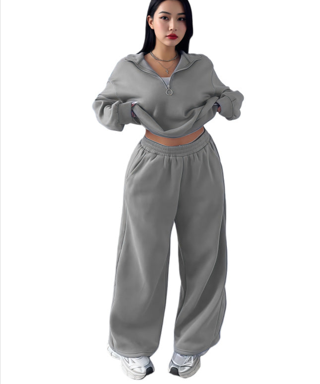 Damen Cropped Oversize-Sweatshirt mit halbem Reißverschluss und weite High-Waist Jogginghose Set Drune