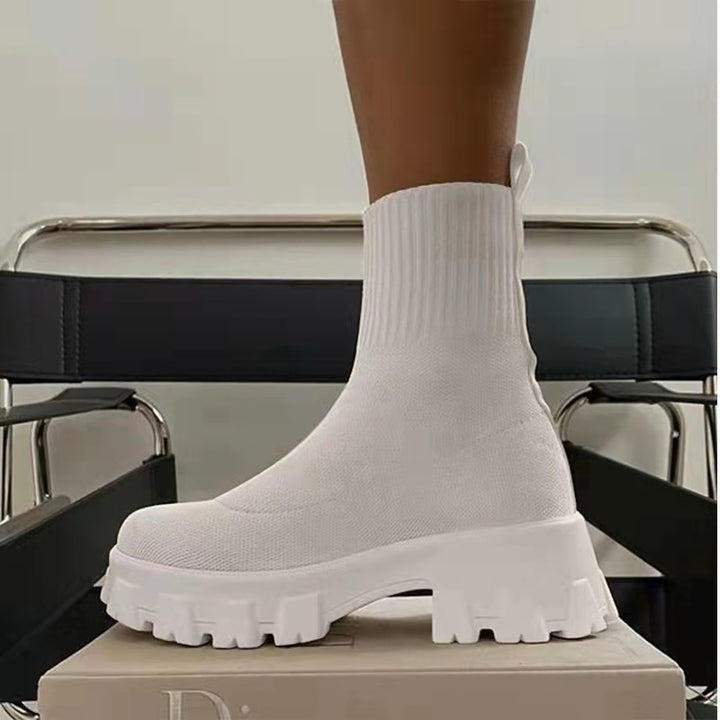 Damen Strick-Sock-Boots mit elastischem Schaft und kontrastierender Profilplateau-Sohle Drune