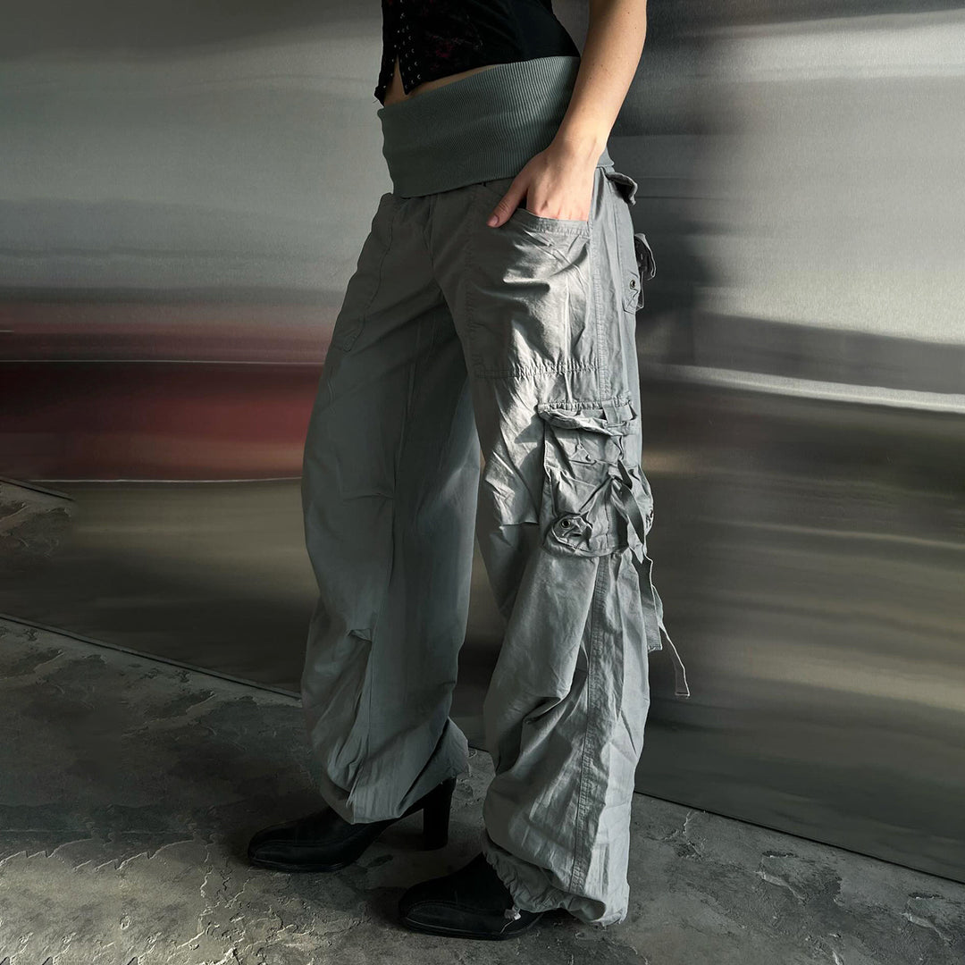 Damen Weite Cargo-Hose mit hohem Umschlagbund, Utility-Tasche und Kordelzug Drune