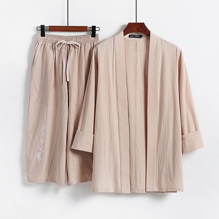 Damen Kimono-Set aus leichter Baumwollmischung offene Jacke mit lässig gekrempelten Ärmeln und weiter Haremshose mit Kordelzug Drune