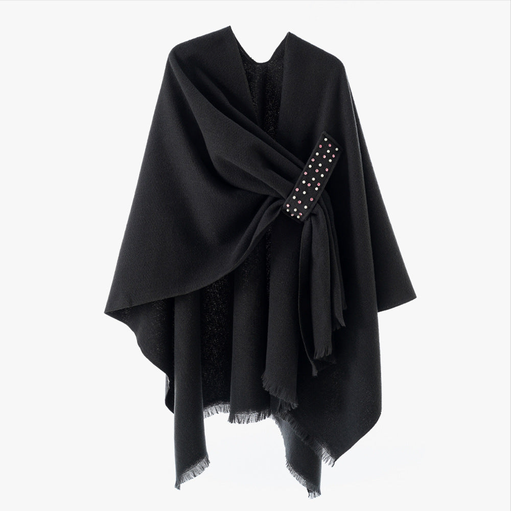 Damen Eleganter Wickel-Umhang aus Wollmischung mit Taillenschärpe und Fransensaum Drune