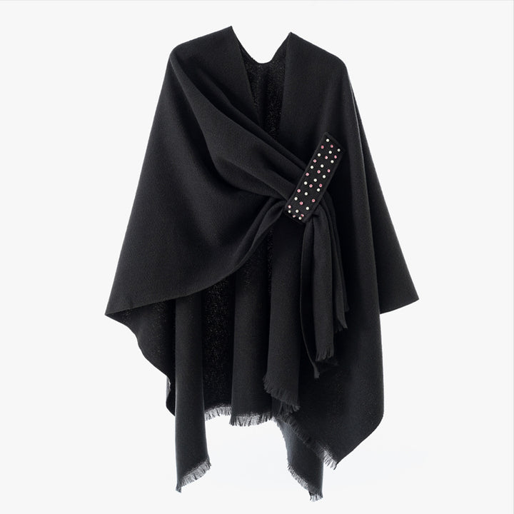 Damen Eleganter Wickel-Umhang aus Wollmischung mit Taillenschärpe und Fransensaum Drune