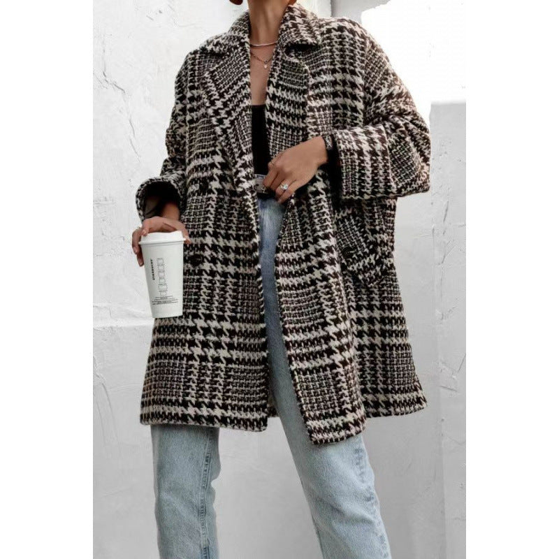 Damen Oversized Wollmantel mit Karomuster und hoher Kragenführung Drune