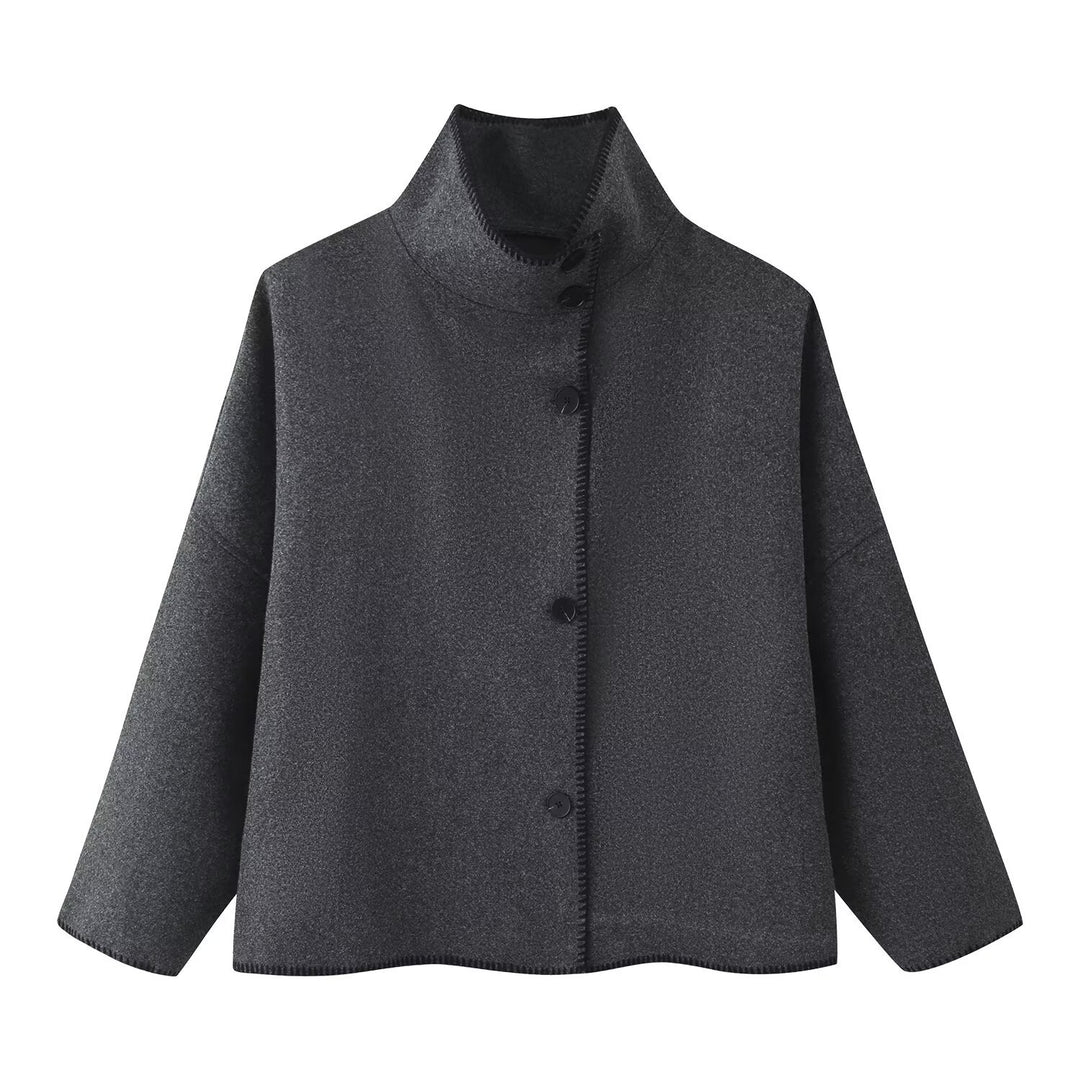 Damen Kurzer kastiger Mantel‑Cape mit Stehkragen und Kontrast‑Ziernaht Drune