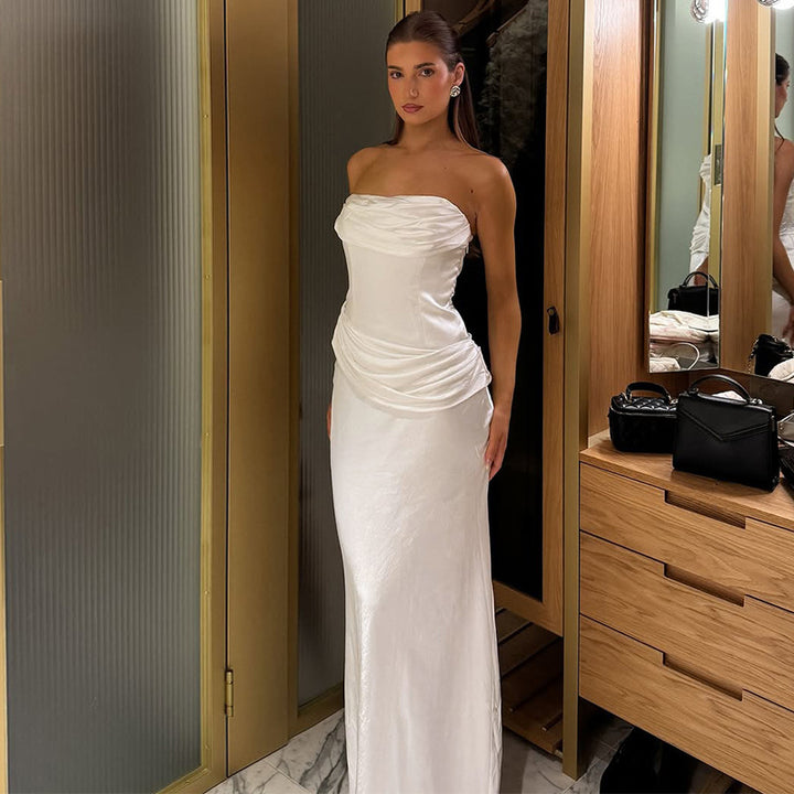 Damen elegantes Maxikleid mit raffiniertem Drapé und schulterfreiem Design Drune