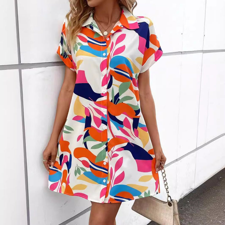 Damen Kurzärmeliges Hemdkleid mit frischem Blattdruck Drune