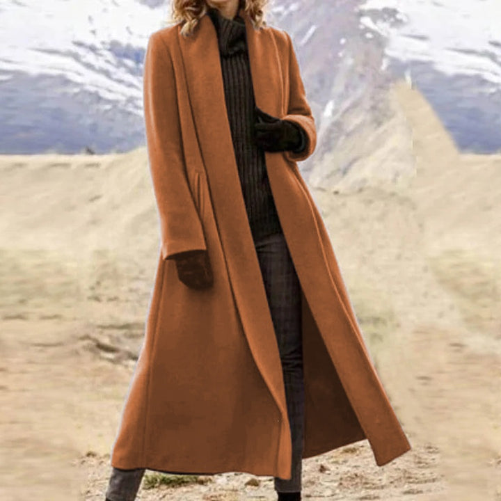Damen eleganter langer Wollmix-Mantel mit offenem Fall und seitlichen Eingrifftaschen Drune