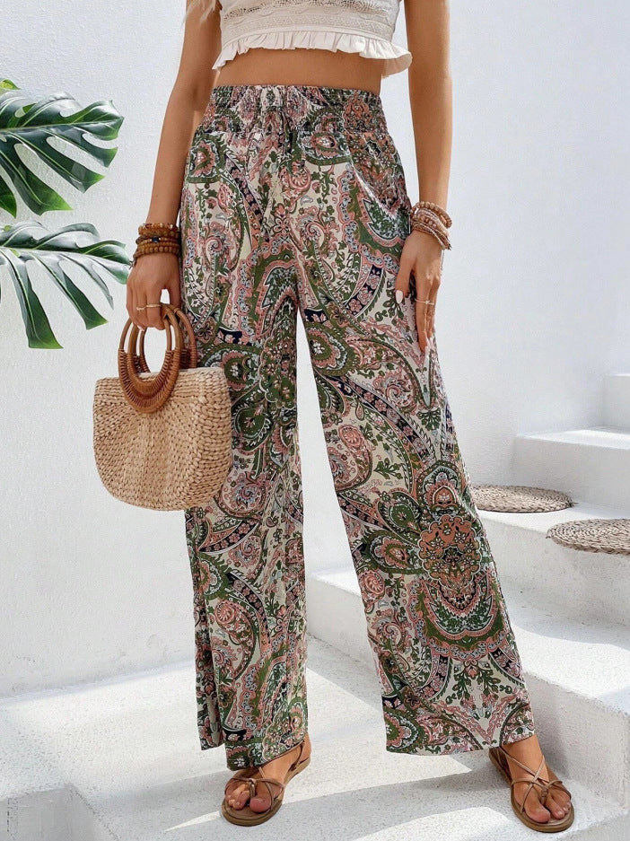 Damen Palazzo-Hose mit weitem Bein, elastischem Smockbund und Paisley-Print Drune