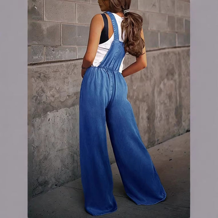 Damen Weite Denim-Latzhose im Palazzo-Schnitt mit verstellbaren Trägern Drune