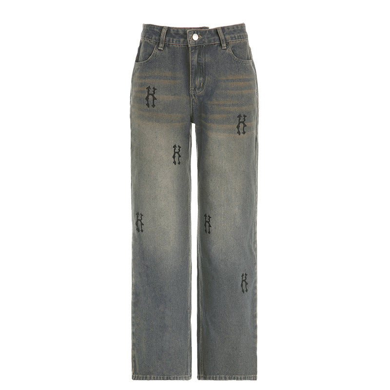 Damen nan hochtaillierte weite Denim-Jeans mit geradem Bein, Five-Pocket und Ton-in-Ton Stickerei Drune