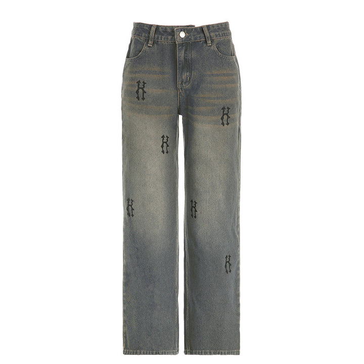 Damen nan hochtaillierte weite Denim-Jeans mit geradem Bein, Five-Pocket und Ton-in-Ton Stickerei Drune