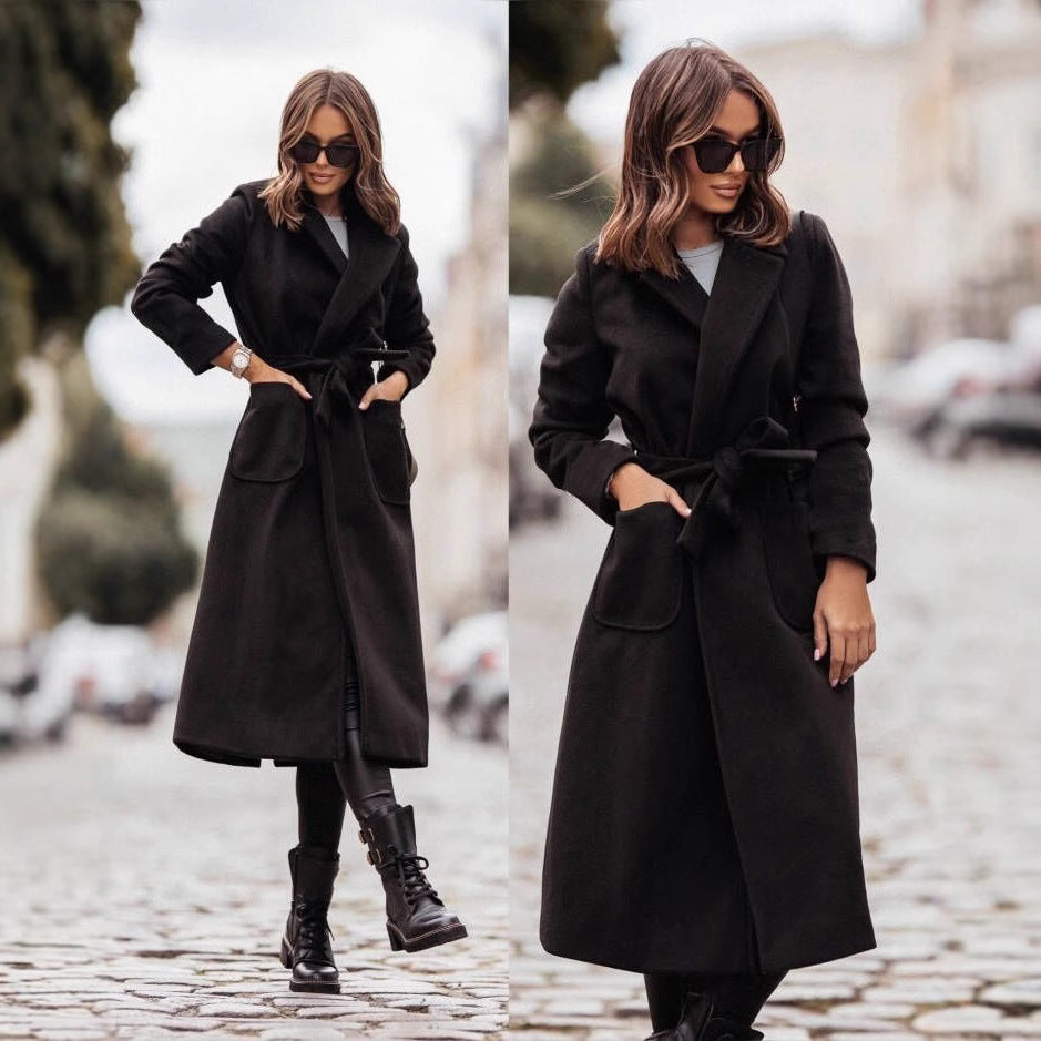 Damen Eleganter Wickel-Mantel mit praktischen Taschen und taillierbarem Gürtel Drune