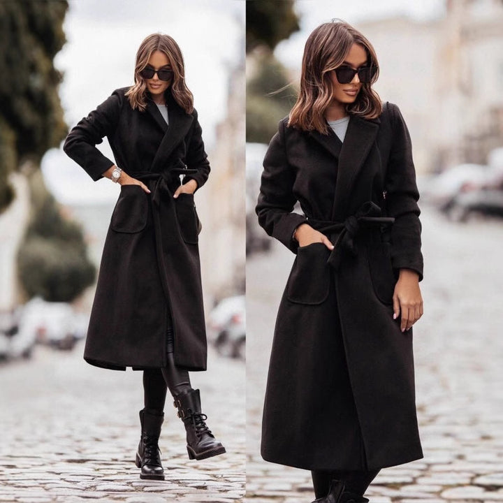 Damen Eleganter Wickel-Mantel mit praktischen Taschen und taillierbarem Gürtel Drune