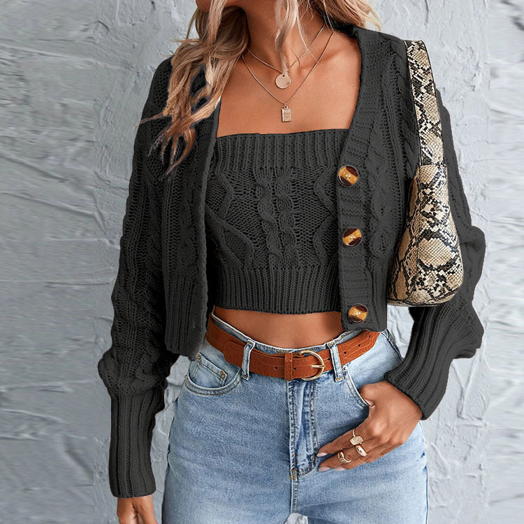 Damen lässiges Strick-Set mit offener Jacke und Crop-Top Drune