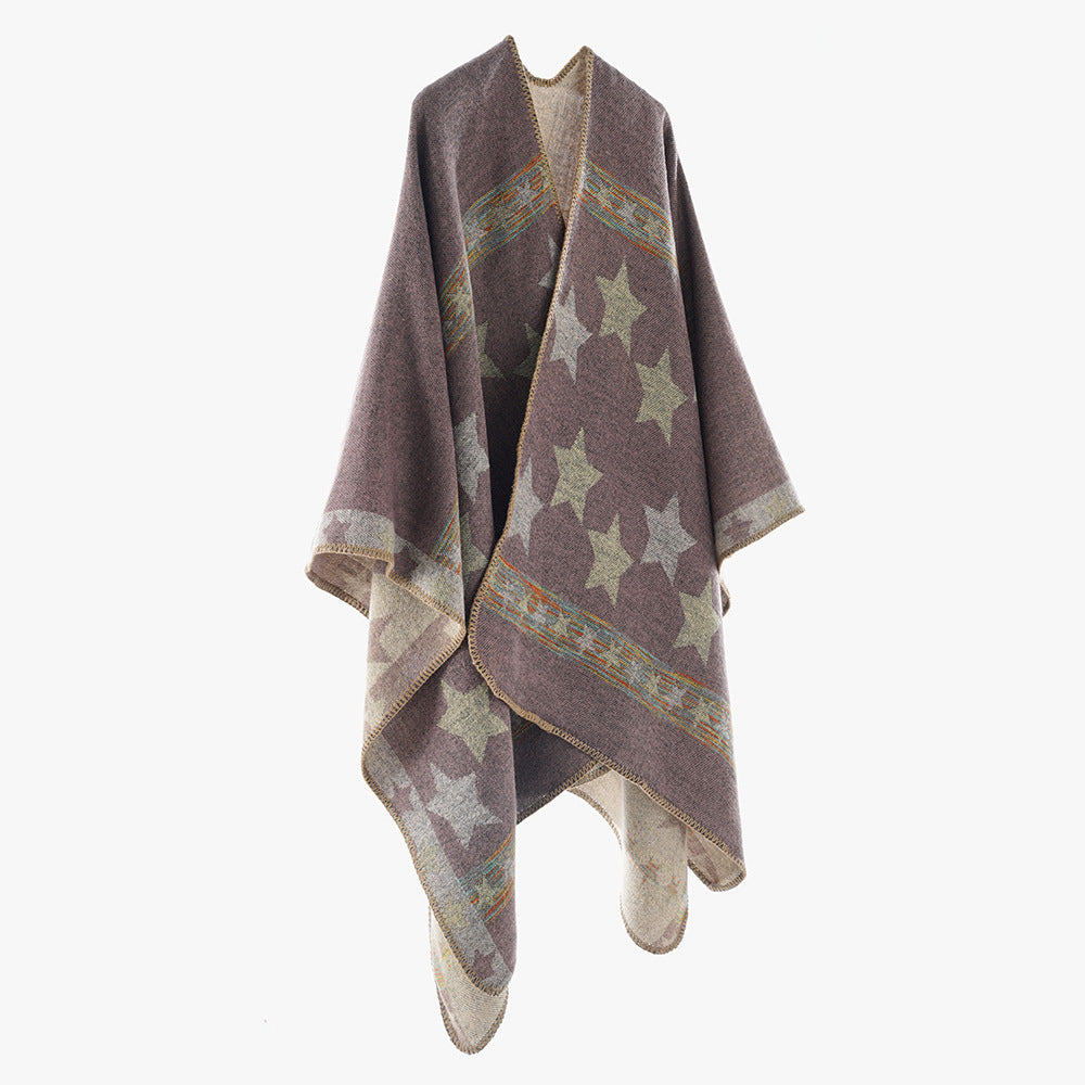 Damen Oversize-Capeponcho aus Wollmix mit zweilagigem Stern‑Jacquard und dekorativer Kettelnaht Drune
