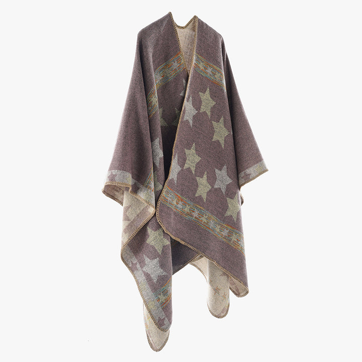 Damen Oversize-Capeponcho aus Wollmix mit zweilagigem Stern‑Jacquard und dekorativer Kettelnaht Drune
