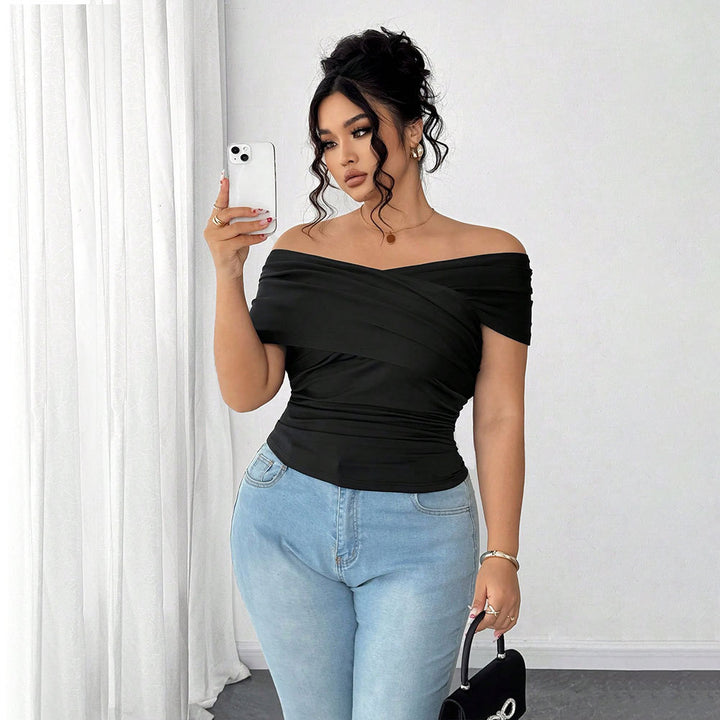 Damen elegantes Wickeloberteil mit schulterfreiem Design und Raffung Drune