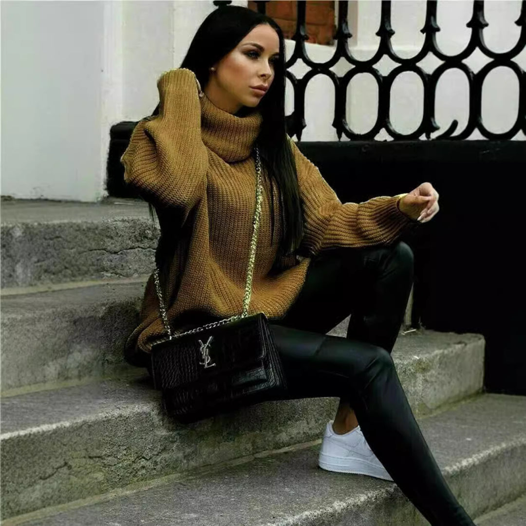 Damen Oversized Pulli mit hohem Kragen und Struktur Drune