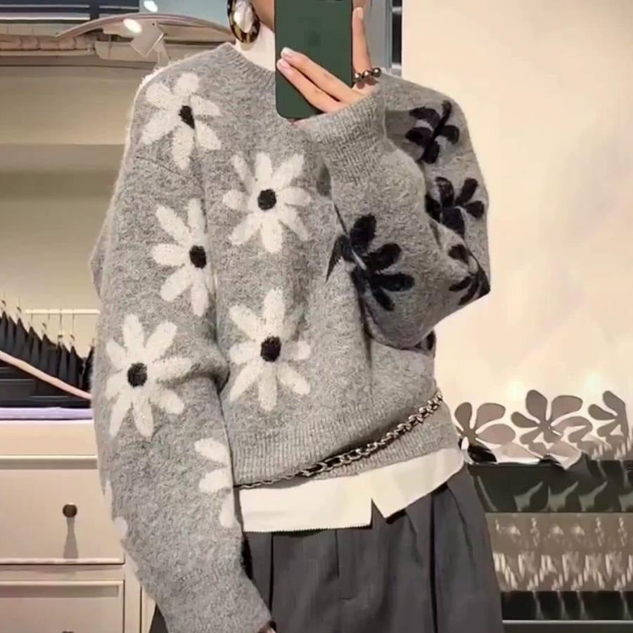 Damen gemütlicher Strickpullover mit floralem Muster und weichem Material Drune