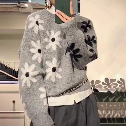 Damen gemütlicher Strickpullover mit floralem Muster und weichem Material Drune