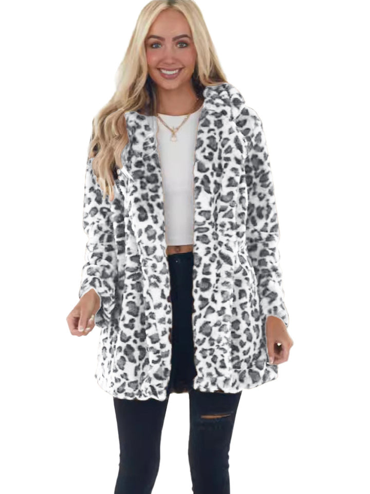 Damen Kunstfell Leopardenmuster Kapuzen Plüsch Mid-Length Mantel Drune