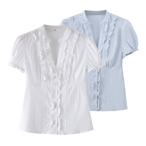 Damen Rüschenshirt mit elegantem V-Ausschnitt und taillierter Passform Drune